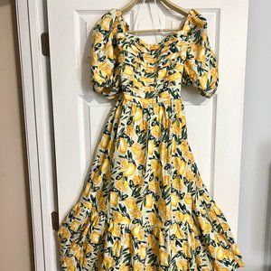 Abercrombie Emerson Puff-Sleve Midi Dress in Linen with Lemon and Olive Print